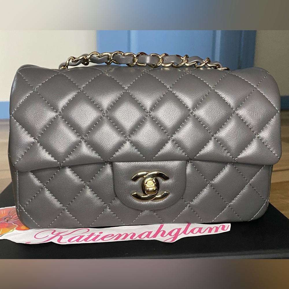 Chanel 20s Dark Gray Lambskin Classic Mini Flap Bag Light Gold Hardware